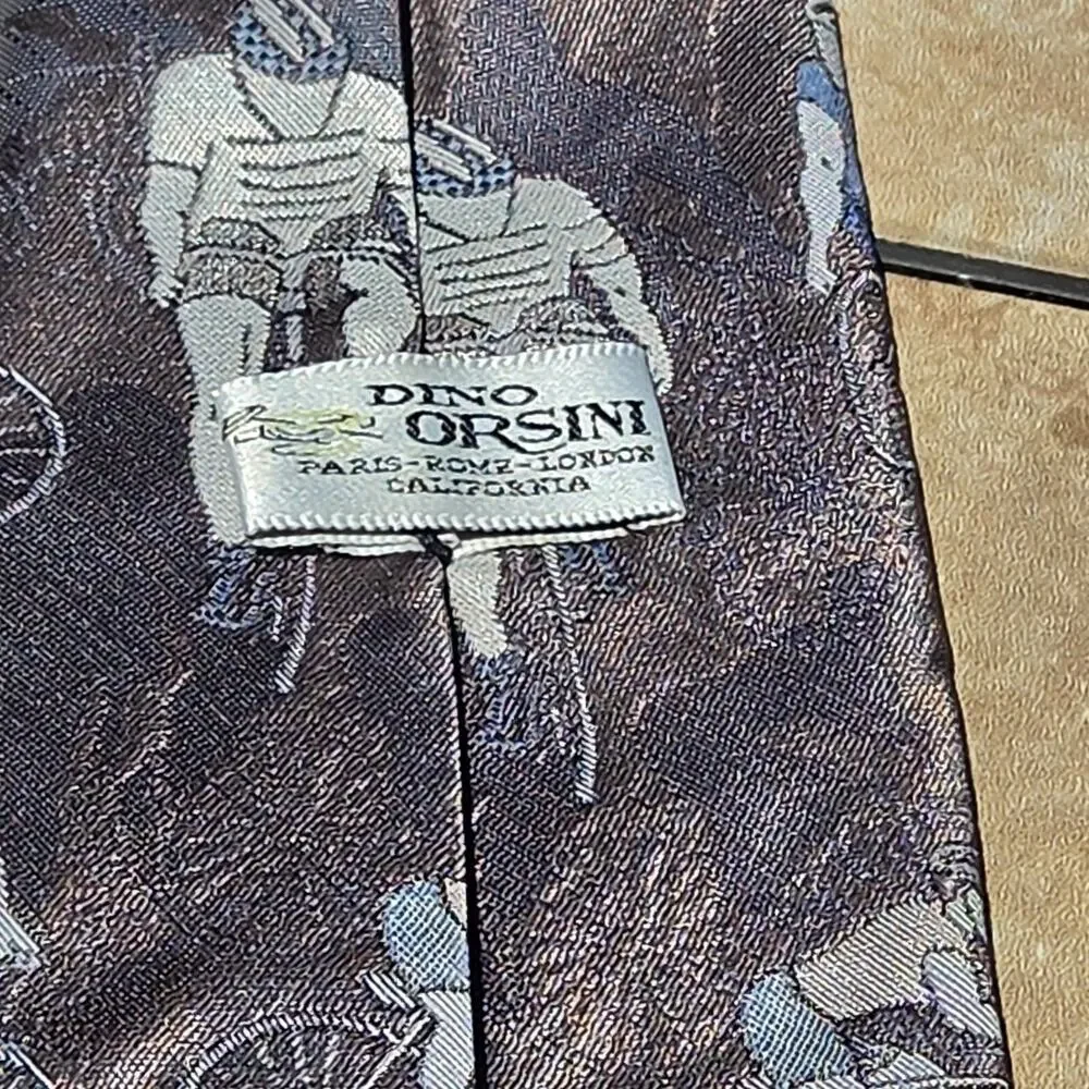 Vintage Dino Orsini Men's Necktie - Dark Grey Novelty Cyclist Bicycle Print Tie